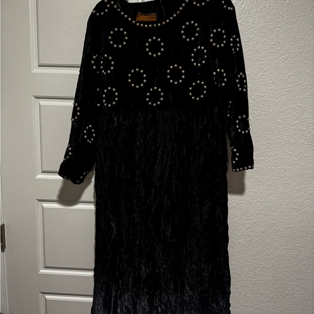 Black Velvet Dress with Pearl Accents